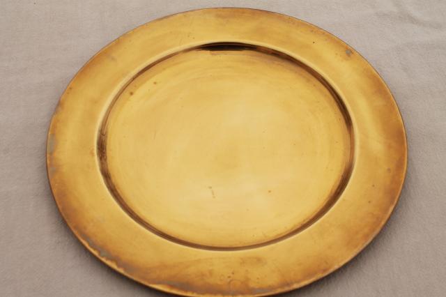 photo of 12 solid brass charger plates, vintage dinner plates for a medieval banquet table #3