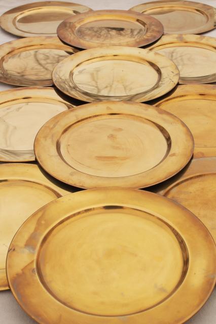 photo of 12 solid brass charger plates, vintage dinner plates for a medieval banquet table #4