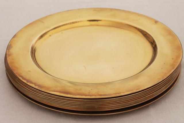 photo of 12 solid brass charger plates, vintage dinner plates for a medieval banquet table #5