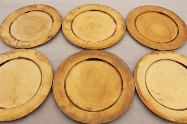 photo of 12 solid brass charger plates, vintage dinner plates for a medieval banquet table #6