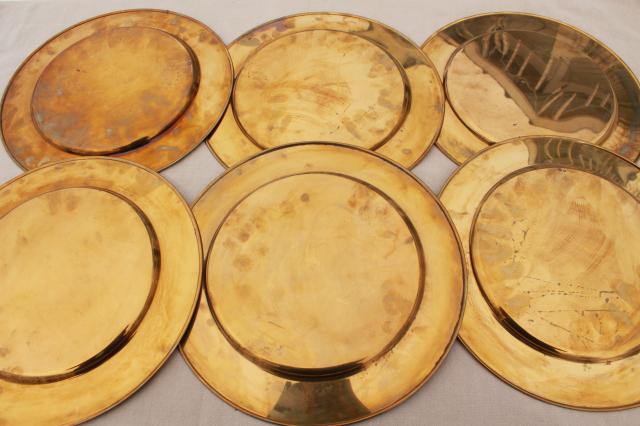 photo of 12 solid brass charger plates, vintage dinner plates for a medieval banquet table #7