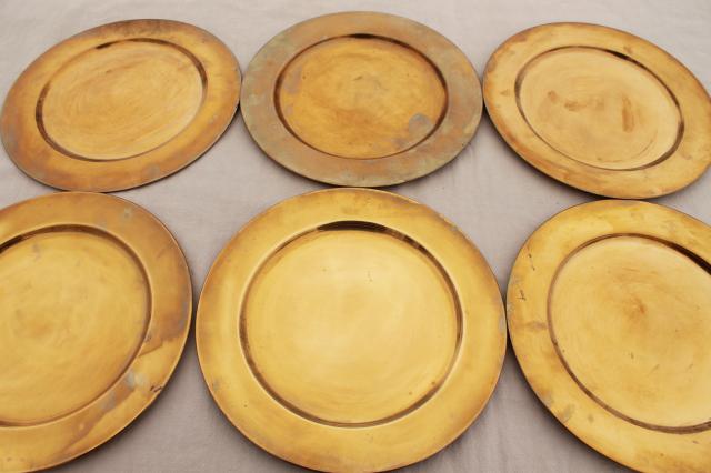 photo of 12 solid brass charger plates, vintage dinner plates for a medieval banquet table #9