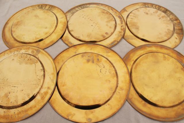 photo of 12 solid brass charger plates, vintage dinner plates for a medieval banquet table #10