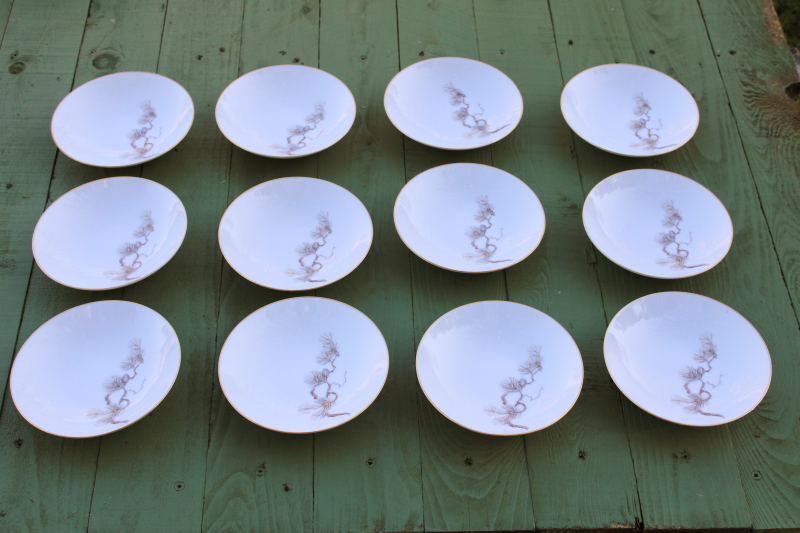 photo of 12 vintage Sango Japan china Larchmont dessert dishes or fruit bowls, pinecones & branches pattern  #1