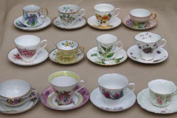 catalog photo of 12 vintage china cups & saucers to mix & match, tea party flowered porcelain teacups