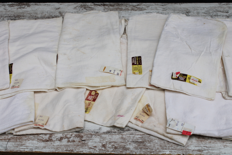 photo of 12 vintage cotton flour sack towels w/ original labels, unused but spotted  #2