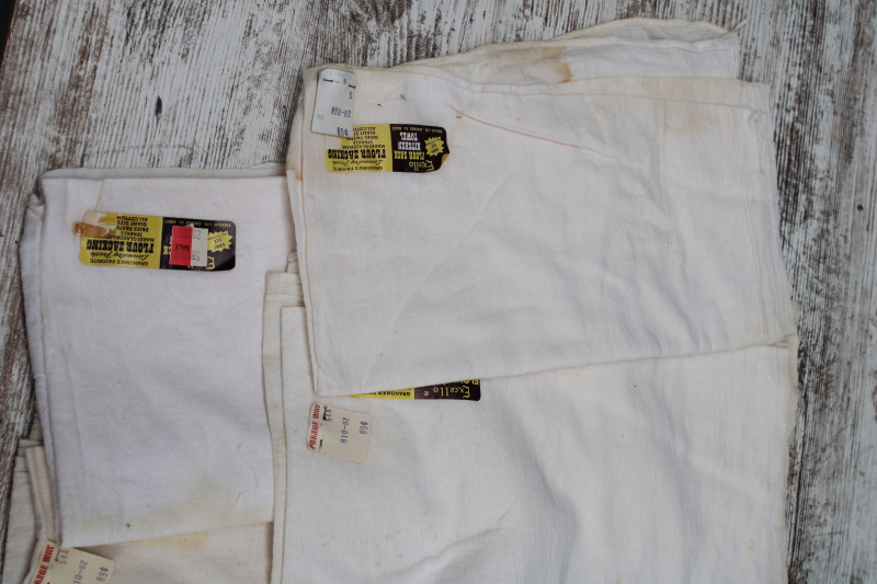 photo of 12 vintage cotton flour sack towels w/ original labels, unused but spotted  #3