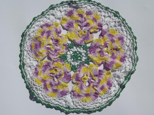 photo of 12 vintage crochet lace flower doilies, old colored thread doily lot #2