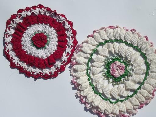 photo of 12 vintage crochet lace flower doilies, old colored thread doily lot #3