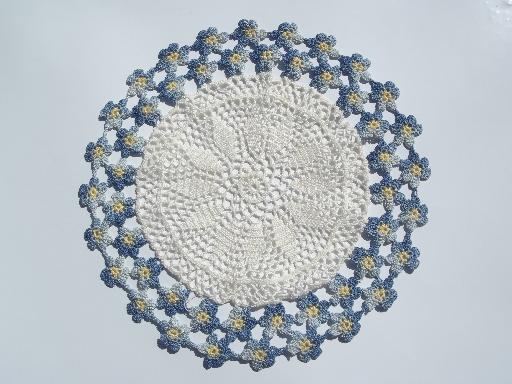 photo of 12 vintage crochet lace flower doilies, old colored thread doily lot #4