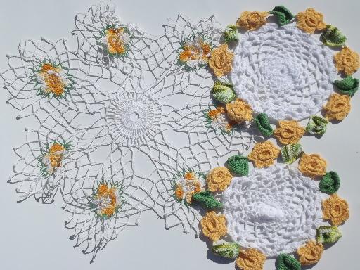 photo of 12 vintage crochet lace flower doilies, old colored thread doily lot #5