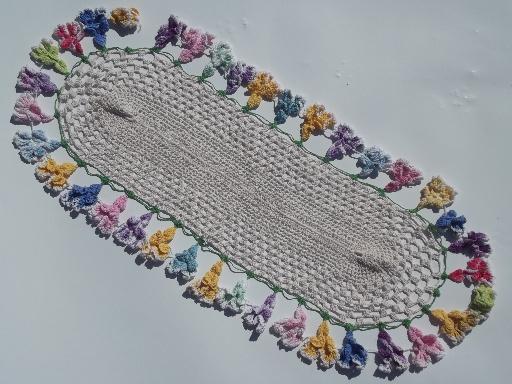 photo of 12 vintage crochet lace flower doilies, old colored thread doily lot #6