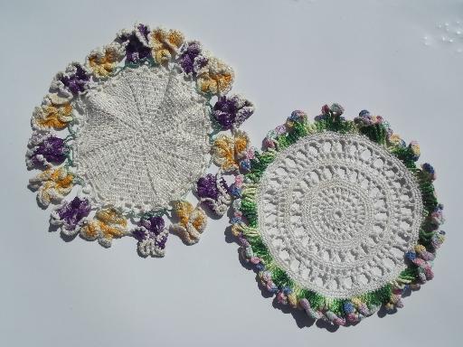 photo of 12 vintage crochet lace flower doilies, old colored thread doily lot #7