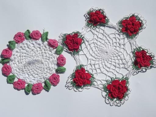 photo of 12 vintage crochet lace flower doilies, old colored thread doily lot #8