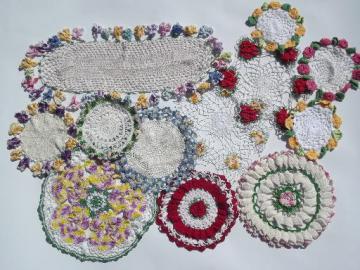 catalog photo of 12 vintage crochet lace flower doilies, old colored thread doily lot
