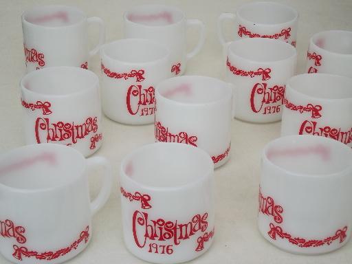 photo of 12 vintage milk glass coffee mugs, Christmas 1976 Federal glass cups #1