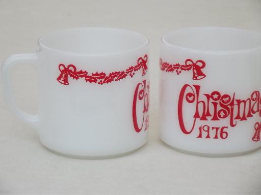 photo of 12 vintage milk glass coffee mugs, Christmas 1976 Federal glass cups #3