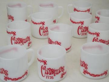 catalog photo of 12 vintage milk glass coffee mugs, Christmas 1976 Federal glass cups