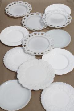 catalog photo of 12 vintage milk glass plates, mismatched pattern glass cake or salad plates