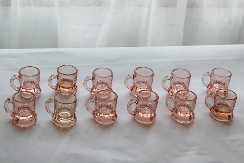 photo of 12 vintage pink depression glass shot glasses, tiny beer mugs Federal glass #1