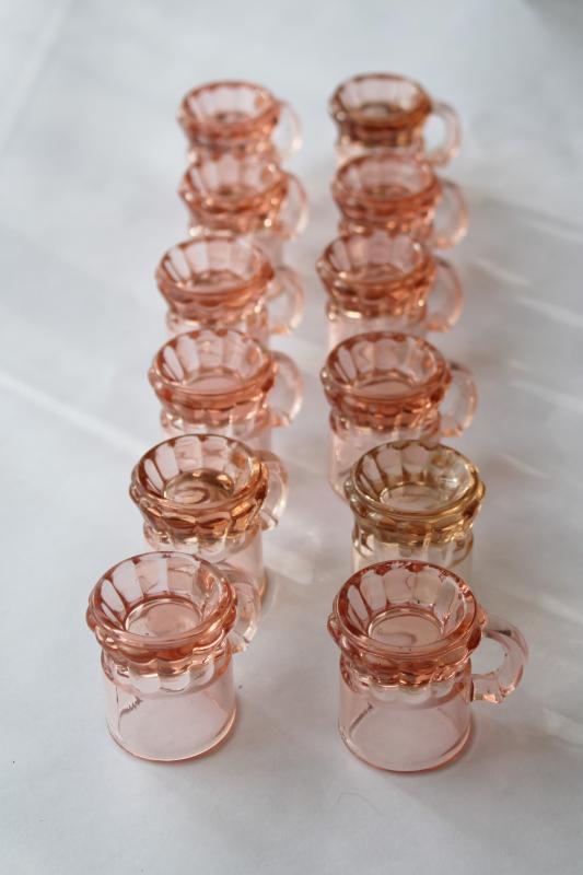 photo of 12 vintage pink depression glass shot glasses, tiny beer mugs Federal glass #4