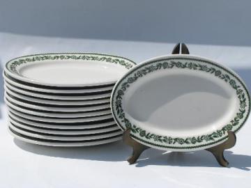 catalog photo of 12 white ironstone / green floral border oval plates, vintage Buffalo china