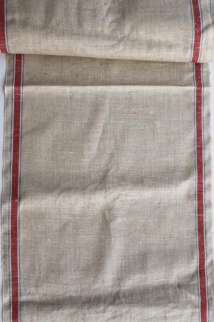 photo of 12 yards antique vintage natural flax linen towel / runner fabric, red & blue stripe #5