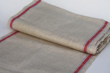 catalog photo of 12 yards antique vintage natural flax linen towel / runner fabric, red & blue stripe