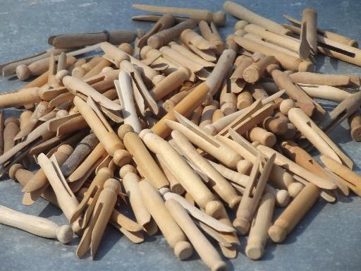 photo of 130 vintage wood clothespins, primitive old wooden clothespin lot  #1