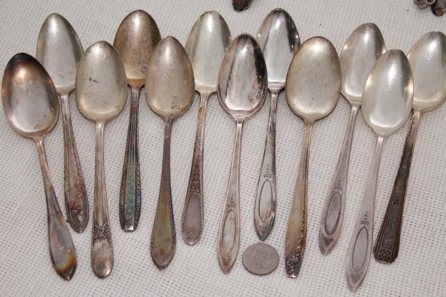 photo of 150+ antique & vintage silver plate spoons,& shabby tarnished silverware flatware lot #11