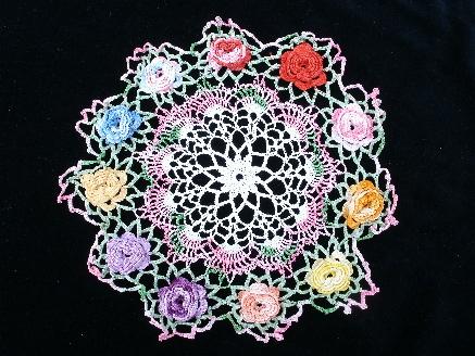 photo of 16 vintage colored thread doilies, old crochet lace doily lot, flowers #2