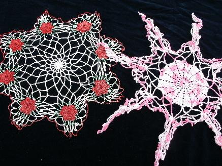 photo of 16 vintage colored thread doilies, old crochet lace doily lot, flowers #8