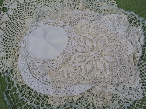 photo of 16 vintage crocheted doilies, old handmade crochet lace doily lot #1