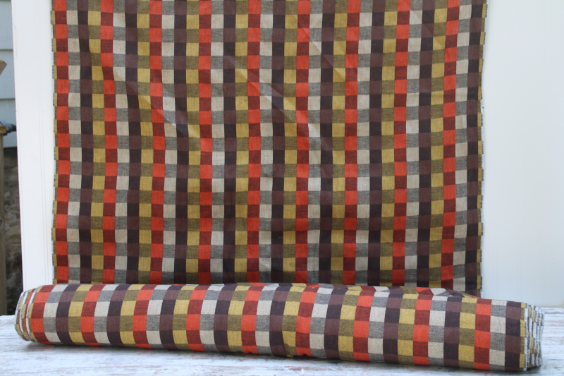 photo of 18 yards cotton rayon linen weave decorator fabric checked orange mustard cream brown, MCM vintage #1