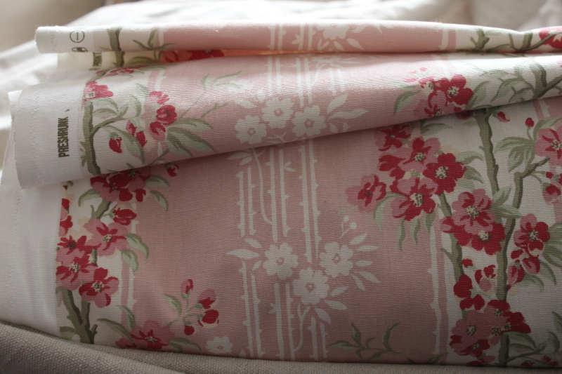 photo of 18 yards heavy cotton decor fabric for curtains upholstery 80s vintage pink floral stripe, romantic cottagecore aesthetic #16