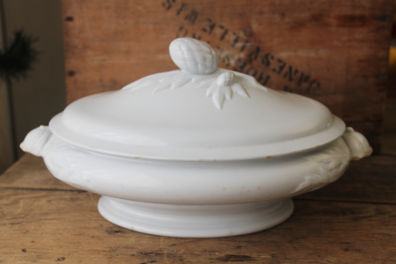 photo of 1800s antique J Wedgwood heavy white ironstone china tureen or serving dish hops pattern finial  #1