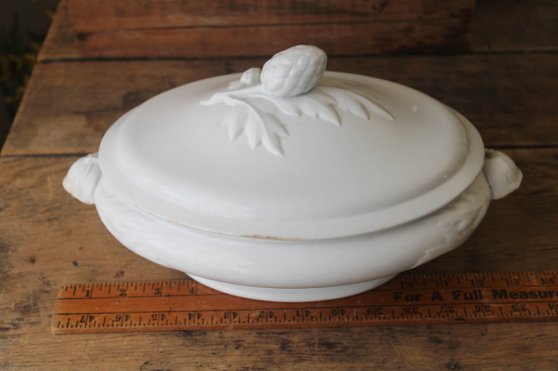 photo of 1800s antique J Wedgwood heavy white ironstone china tureen or serving dish hops pattern finial  #3