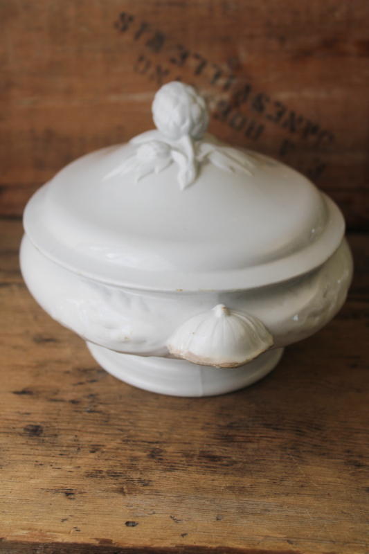 photo of 1800s antique J Wedgwood heavy white ironstone china tureen or serving dish hops pattern finial  #4