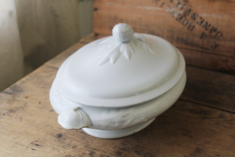 photo of 1800s antique J Wedgwood heavy white ironstone china tureen or serving dish hops pattern finial  #5