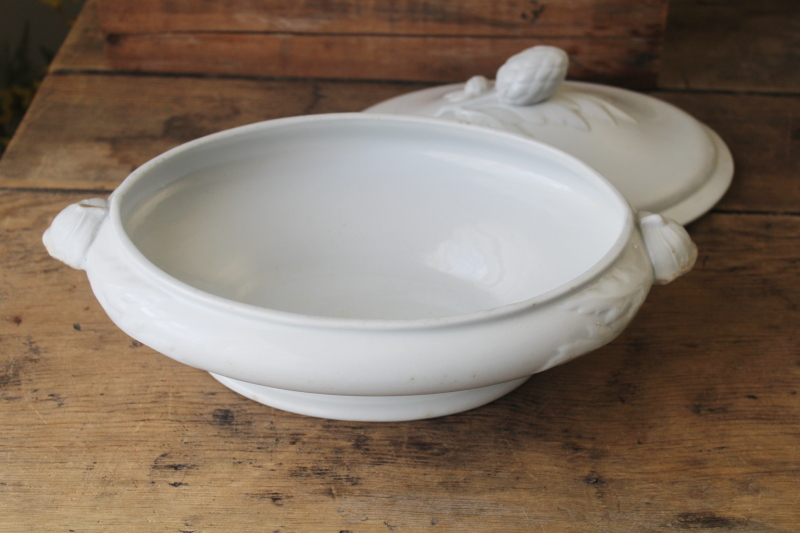 photo of 1800s antique J Wedgwood heavy white ironstone china tureen or serving dish hops pattern finial  #6