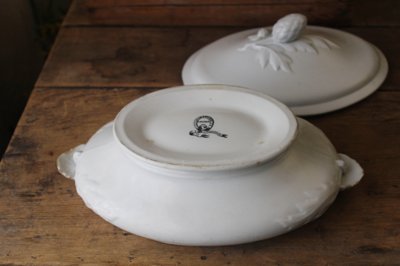 photo of 1800s antique J Wedgwood heavy white ironstone china tureen or serving dish hops pattern finial  #8