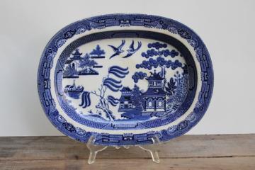 1800s antique Wedgwood blue Willow pattern platter or meat tray, large deep shape Victorian vintage 