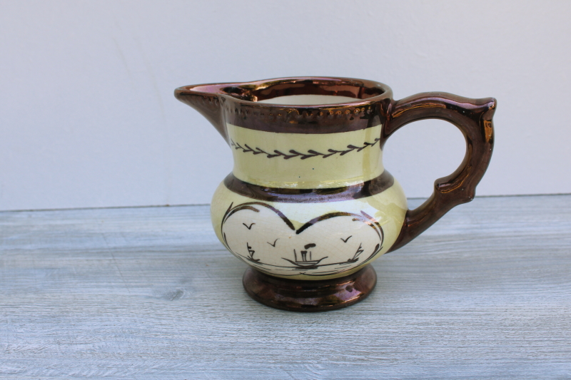 photo of 1800s antique copper luster china milk jug, hand painted sailing boats & anchor #1