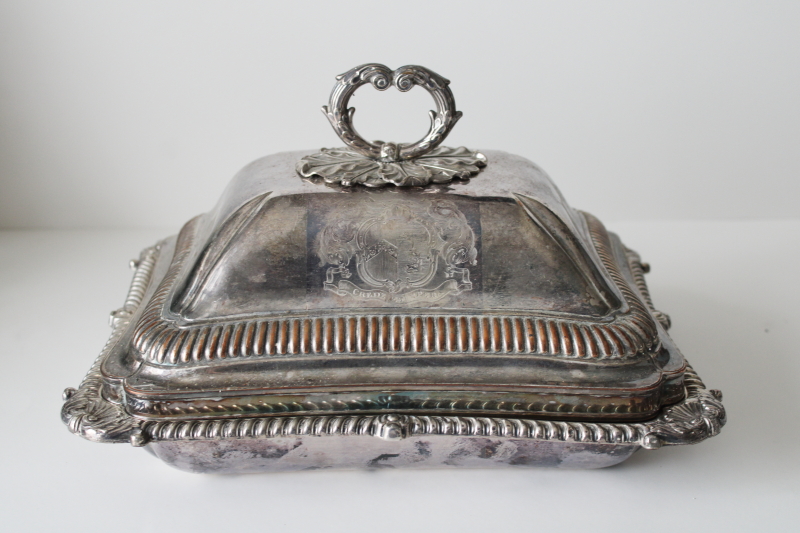 photo of 1800s antique covered dish w/ engraved coat of arms, silver over copper English Sheffield plate hallmark elephant or boar's head  #1