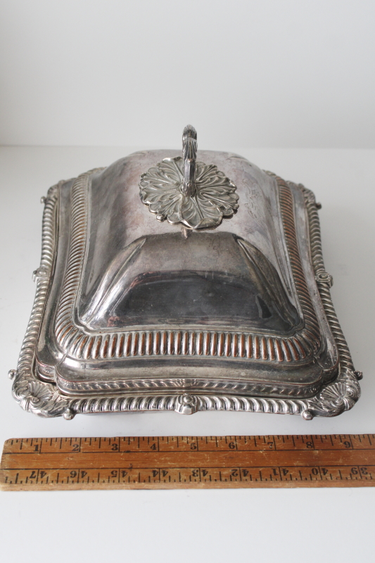 photo of 1800s antique covered dish w/ engraved coat of arms, silver over copper English Sheffield plate hallmark elephant or boar's head  #3