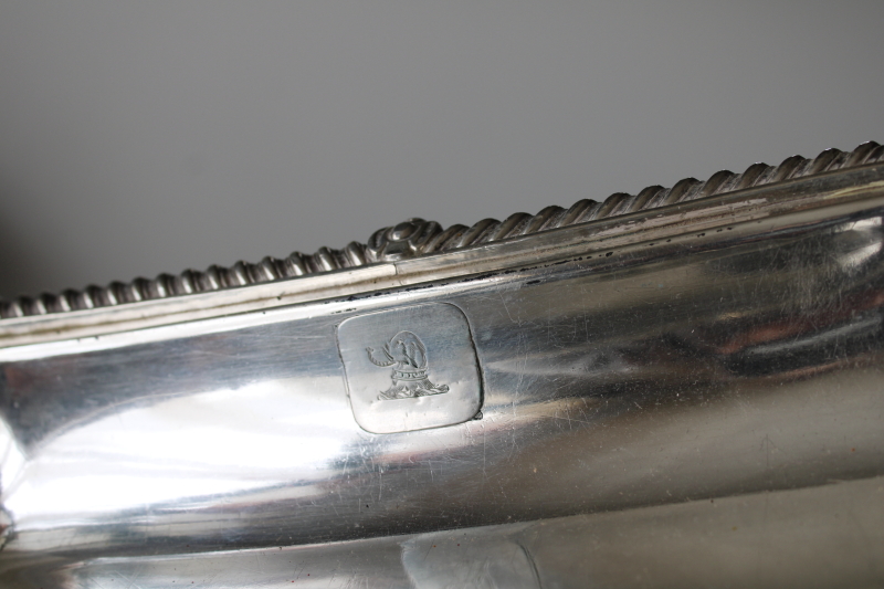 photo of 1800s antique covered dish w/ engraved coat of arms, silver over copper English Sheffield plate hallmark elephant or boar's head  #4