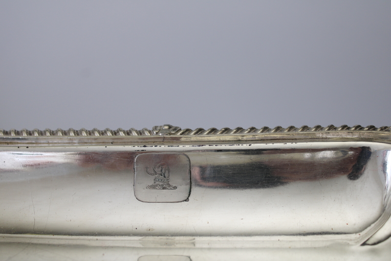 photo of 1800s antique covered dish w/ engraved coat of arms, silver over copper English Sheffield plate hallmark elephant or boar's head  #5