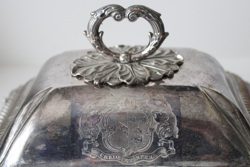 photo of 1800s antique covered dish w/ engraved coat of arms, silver over copper English Sheffield plate hallmark elephant or boar's head  #6