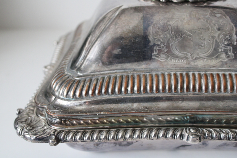 photo of 1800s antique covered dish w/ engraved coat of arms, silver over copper English Sheffield plate hallmark elephant or boar's head  #7