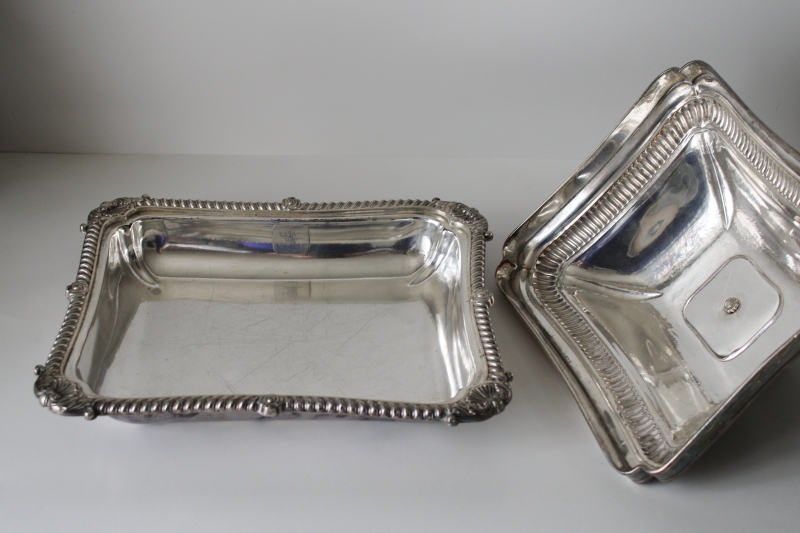photo of 1800s antique covered dish w/ engraved coat of arms, silver over copper English Sheffield plate hallmark elephant or boar's head  #8
